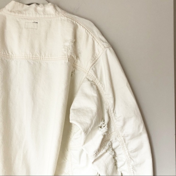 Hudson Cream Distressed Zip Up Bomber Denim Jacket Size XL - Picture 4 of 7